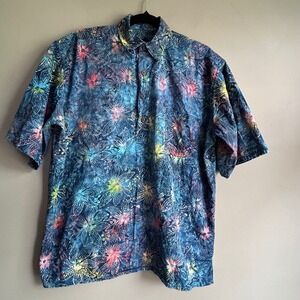 Pete Huntington Bali Mens Small Blue Batik Floral Cotton Short Sleeve Shirt